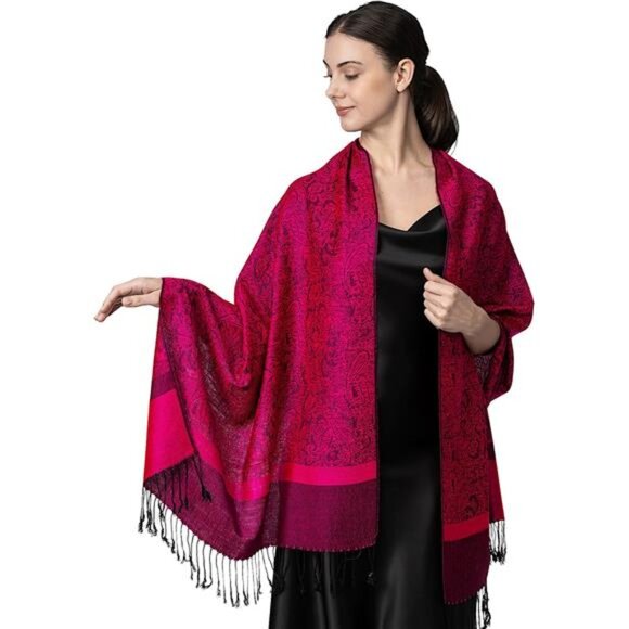 Two Tone Paisley Pashmina Scarf, Rose Pink - Picture 1 of 5